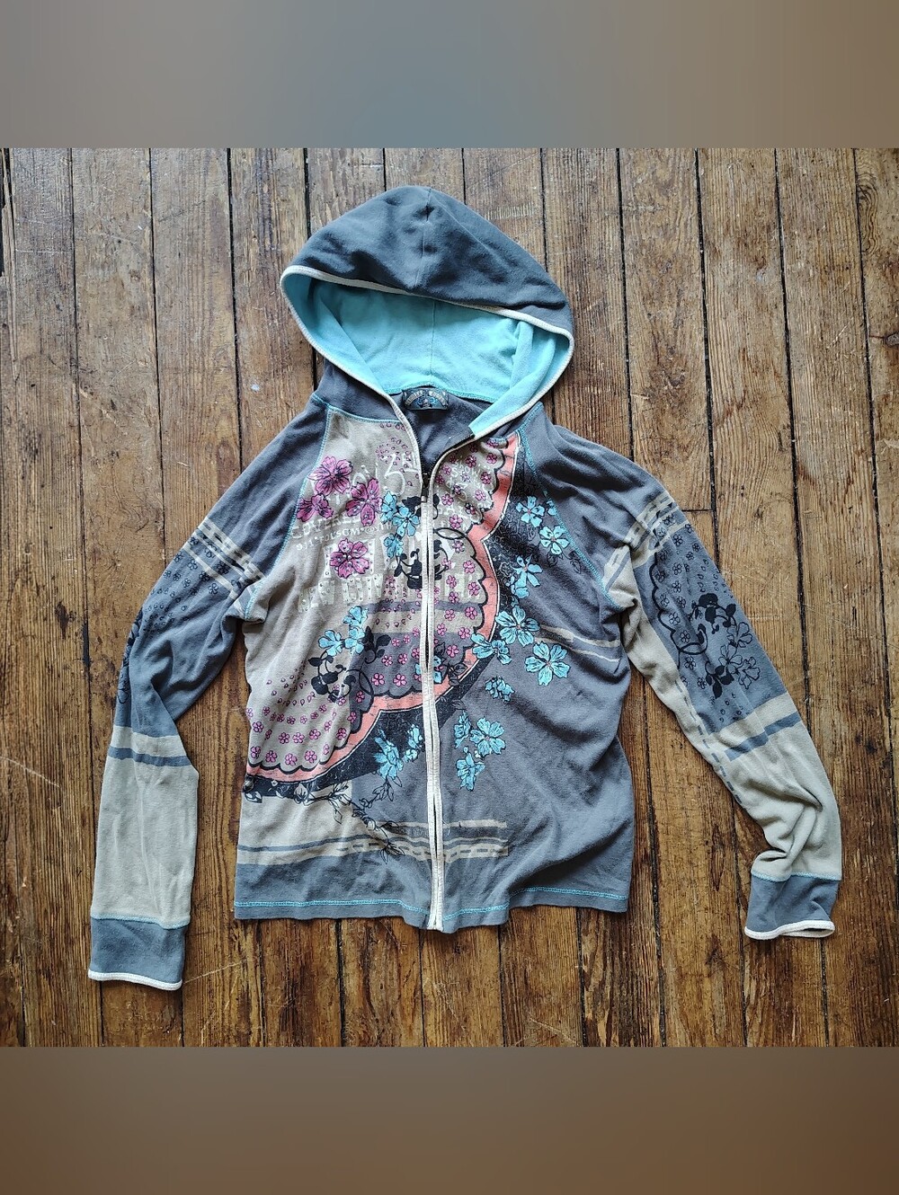 Y2k Vintage Hoodie 2000s Graphic Zip-up Sweatshirt Allover Print Grunge Large